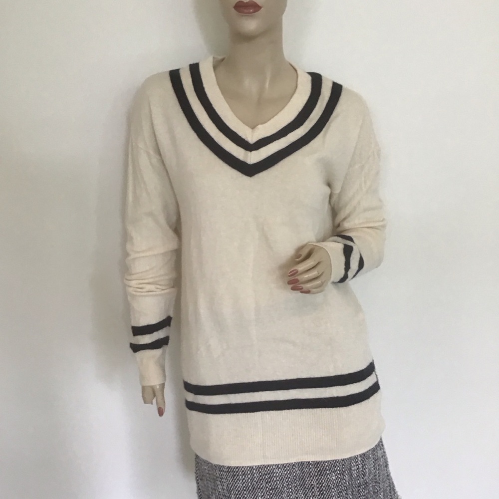 Frame Jeans Blue Cream Stripe Wool Cashmere V Neck Varsity Sweater S Oversized